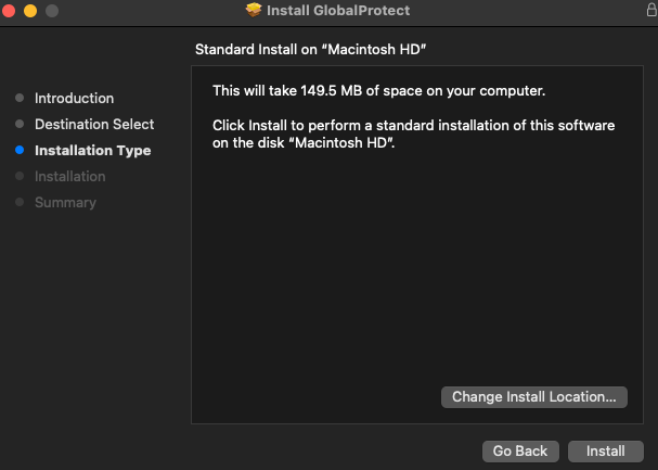 screenshot of MacOS GlobalProtect app installer confirmation